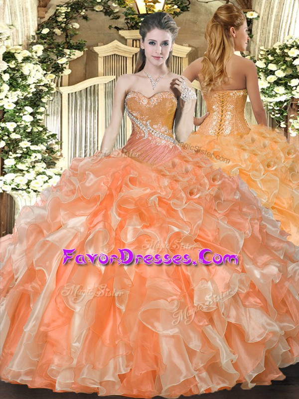 Adorable Floor Length Orange Red Ball Gown Prom Dress Sweetheart Sleeveless Lace Up