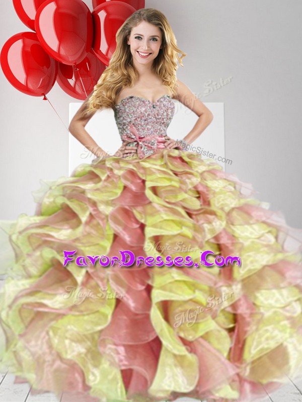 Modern Multi-color Ball Gowns Organza Sweetheart Sleeveless Beading and Ruffles and Bowknot Floor Length Zipper Sweet 16 Quinceanera Dress