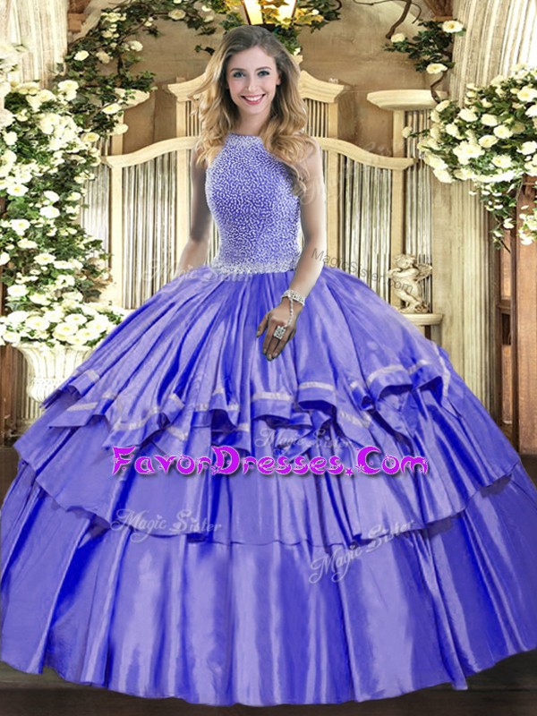 Graceful Organza and Taffeta High-neck Sleeveless Lace Up Beading and Ruffled Layers Quinceanera Dress in Lavender