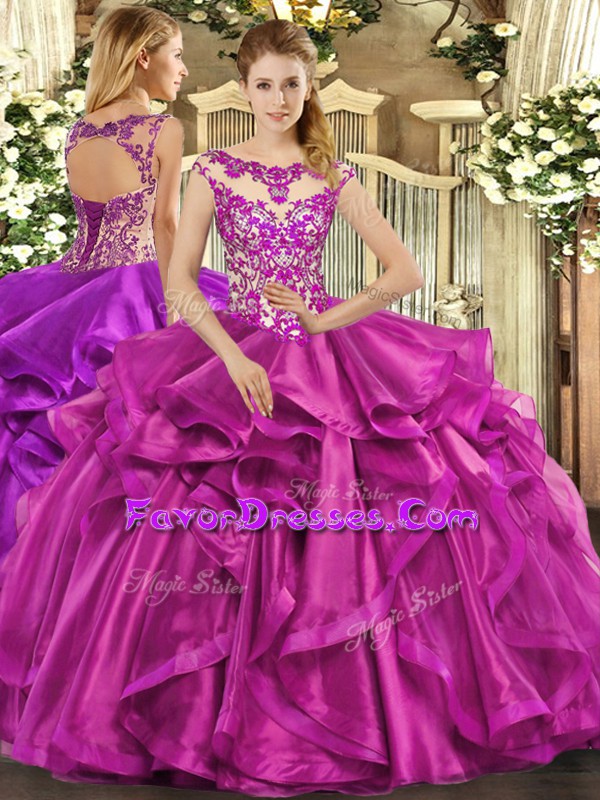 Fabulous Fuchsia Ball Gowns Beading and Appliques and Ruffles Vestidos de Quinceanera Lace Up Organza Sleeveless Floor Length