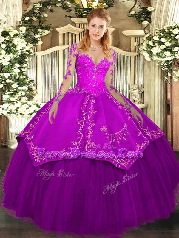 Edgy Purple Organza and Taffeta Lace Up Ball Gown Prom Dress Long Sleeves Floor Length Lace and Embroidery