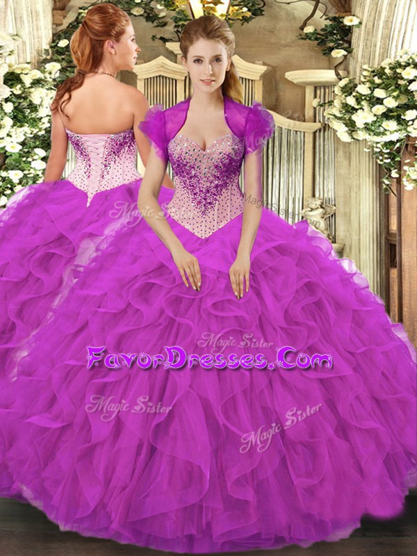  Fuchsia Sleeveless Beading and Ruffles Floor Length 15th Birthday Dress