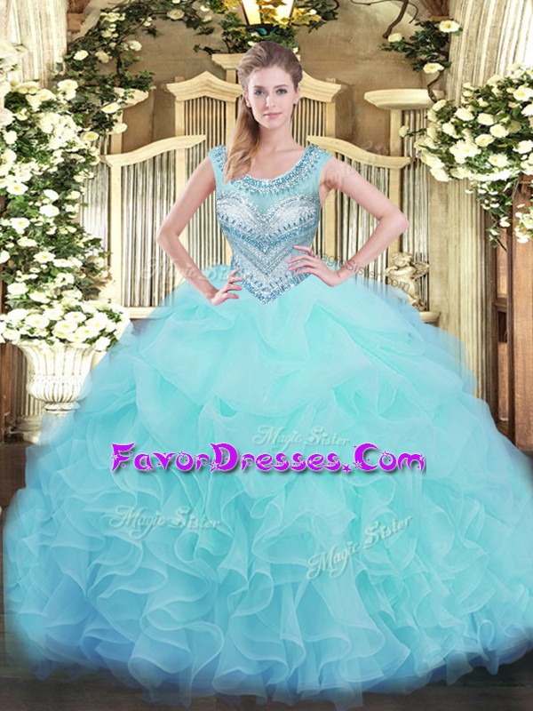Flirting Beading and Ruffles and Pick Ups Quince Ball Gowns Aqua Blue Lace Up Sleeveless Floor Length