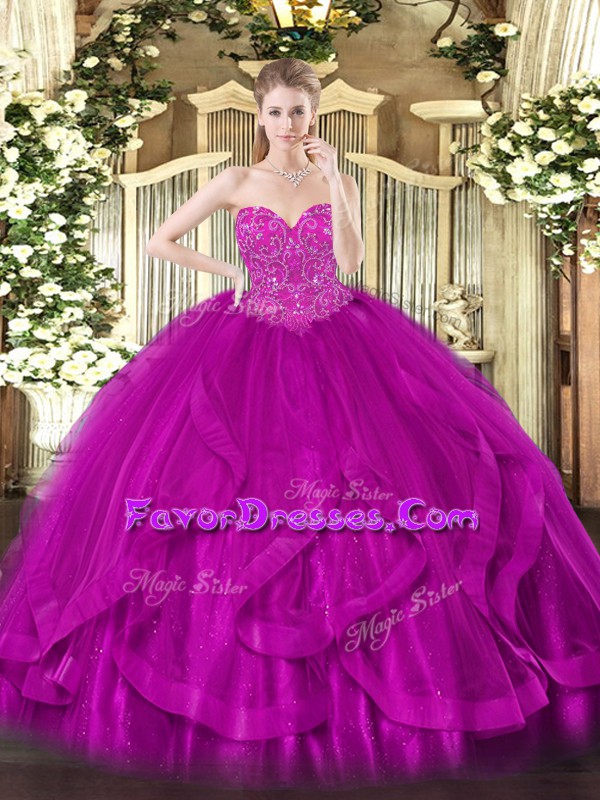 Affordable Fuchsia Ball Gowns Tulle Sweetheart Sleeveless Beading and Ruffles Floor Length Lace Up Vestidos de Quinceanera