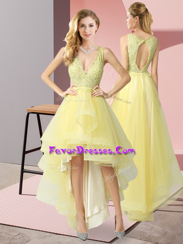  V-neck Sleeveless Prom Party Dress High Low Beading and Lace Yellow Tulle