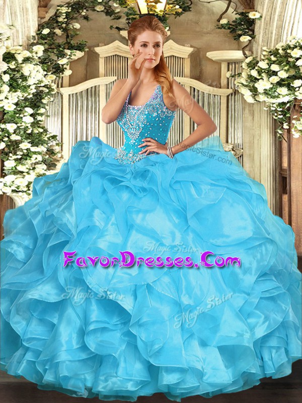 Modest Organza Straps Sleeveless Lace Up Beading and Ruffles Quince Ball Gowns in Aqua Blue