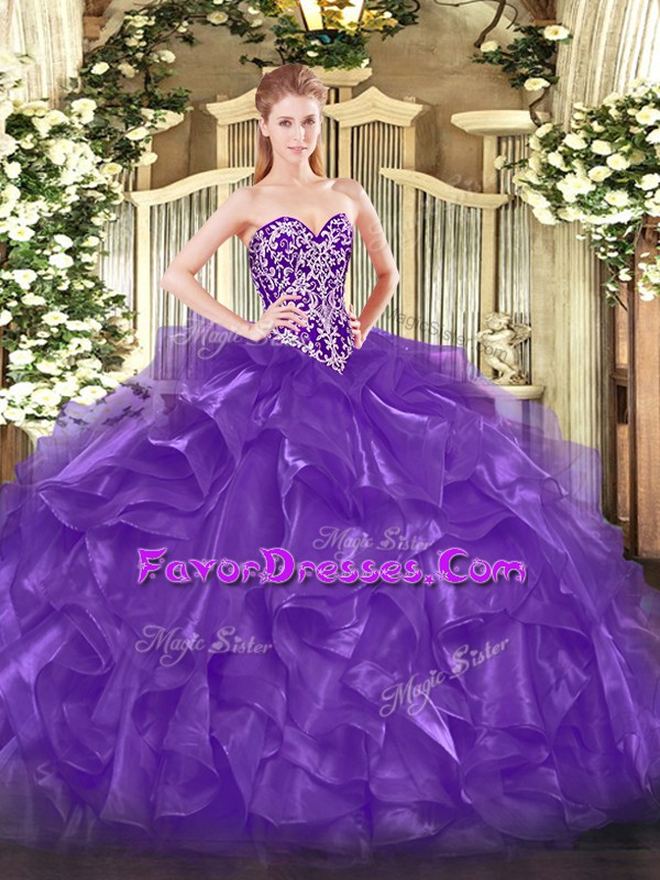 Modest Sweetheart Sleeveless Quince Ball Gowns Floor Length Beading and Ruffles Purple Organza