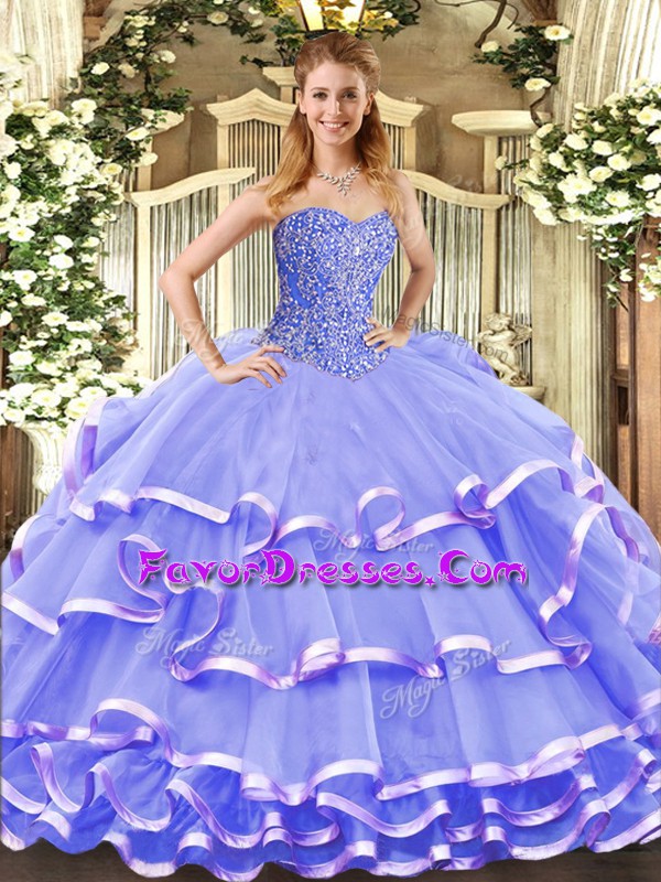  Floor Length Lace Up 15 Quinceanera Dress Lavender for Military Ball and Sweet 16 and Quinceanera with Beading and Ruffled Layers