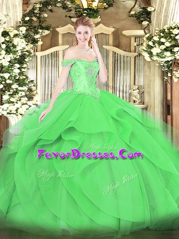  Off The Shoulder Sleeveless Tulle Quinceanera Dresses Beading and Ruffles Lace Up