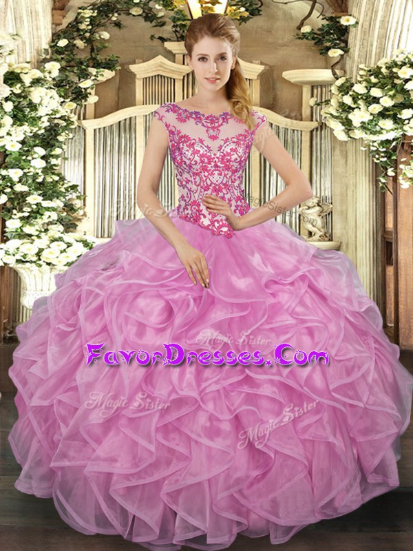Romantic Scoop Cap Sleeves Quince Ball Gowns Floor Length Beading and Appliques and Ruffles Lilac Organza