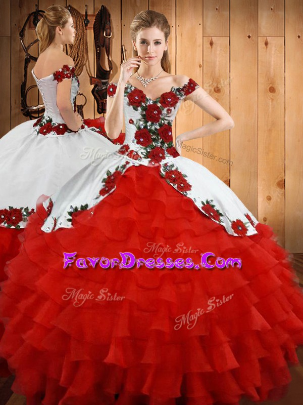 Comfortable Red Ball Gowns Organza Off The Shoulder Sleeveless Embroidery and Ruffled Layers Floor Length Lace Up Quince Ball Gowns