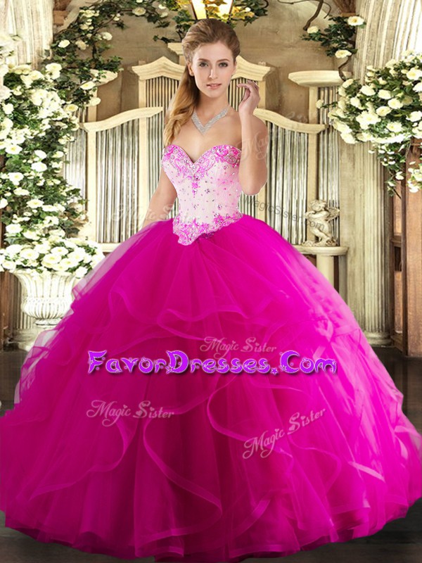 Popular Sleeveless Beading and Ruffles Lace Up Ball Gown Prom Dress