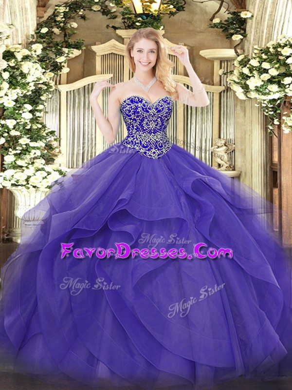Luxurious Purple Ball Gowns Tulle Sweetheart Sleeveless Beading and Ruffles Floor Length Lace Up Quinceanera Dress
