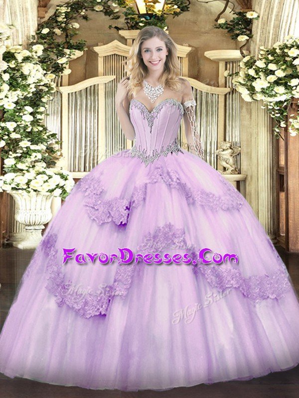  Sleeveless Tulle Floor Length Lace Up Sweet 16 Dresses in Lavender with Beading and Appliques