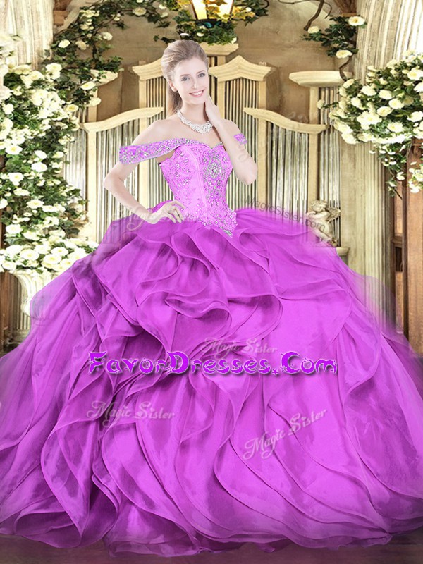  Sleeveless Floor Length Beading and Ruffles Lace Up Ball Gown Prom Dress with Lilac