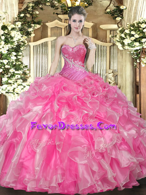 Traditional Sweetheart Sleeveless Lace Up Sweet 16 Quinceanera Dress Hot Pink Organza