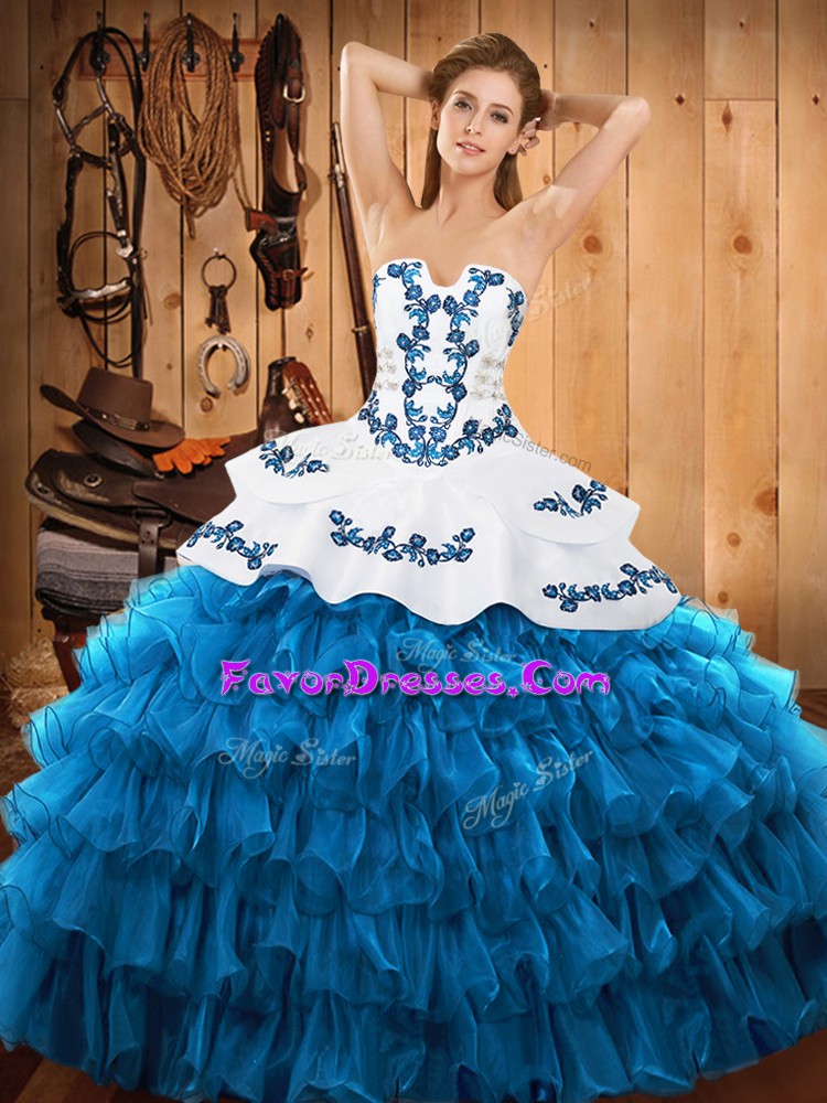 Enchanting Blue And White Satin and Organza Lace Up Sweet 16 Quinceanera Dress Sleeveless Floor Length Embroidery and Ruffled Layers