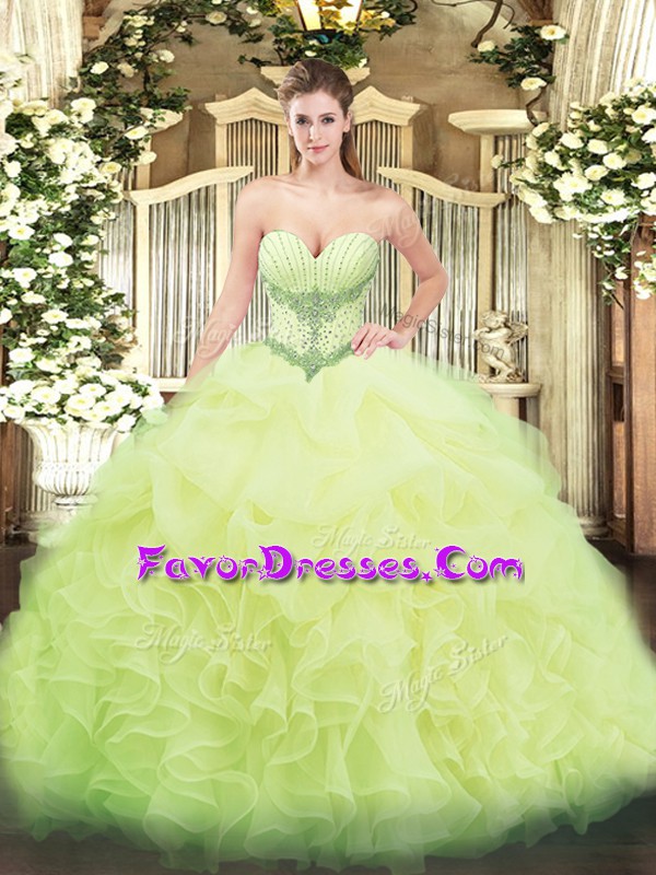 Noble Yellow Green Lace Up Sweetheart Beading and Ruffles and Pick Ups Sweet 16 Dress Organza Sleeveless