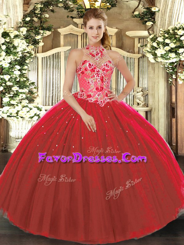Wonderful Red Halter Top Neckline Embroidery Quinceanera Dresses Sleeveless Lace Up