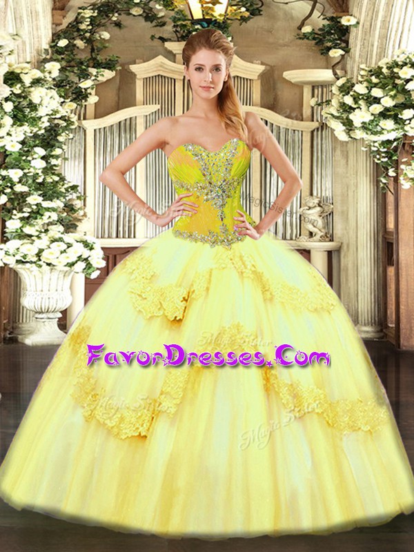 Fantastic Yellow Tulle Lace Up 15 Quinceanera Dress Sleeveless Floor Length Beading and Ruffles