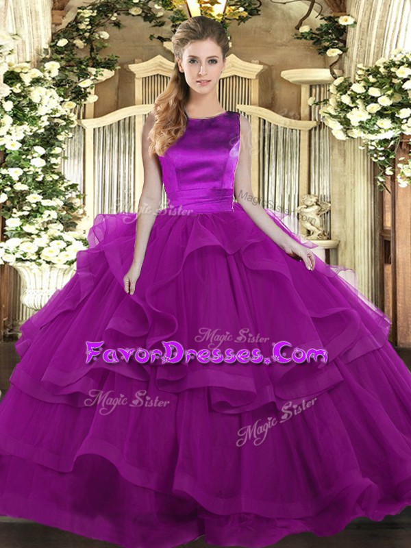 Fancy Sleeveless Floor Length Ruffles Lace Up 15th Birthday Dress with Purple