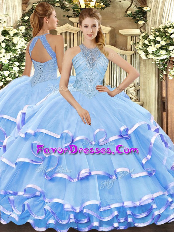 Perfect Sleeveless Organza Floor Length Lace Up Ball Gown Prom Dress in Aqua Blue with Beading and Ruffled Layers