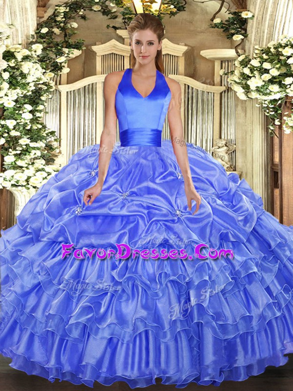 New Arrival Blue Organza Lace Up Quinceanera Dress Sleeveless Floor Length Ruffled Layers and Pick Ups