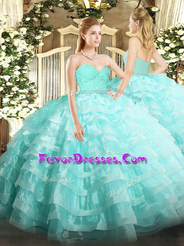 Custom Made Aqua Blue Ball Gowns Beading and Lace and Ruffled Layers 15 Quinceanera Dress Zipper Tulle Sleeveless Floor Length
