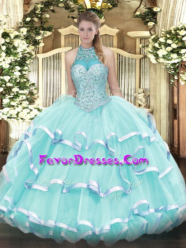 Sweet Apple Green Sweet 16 Dresses Military Ball and Sweet 16 and Quinceanera with Beading and Ruffled Layers Halter Top Sleeveless Lace Up