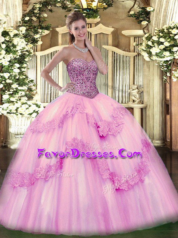  Sleeveless Floor Length Beading and Appliques and Ruffles Lace Up Ball Gown Prom Dress with Pink 