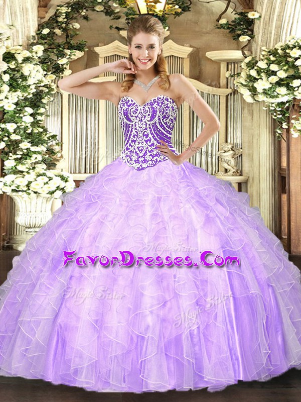  Lavender Lace Up Sweet 16 Dress Beading and Ruffles Sleeveless Floor Length