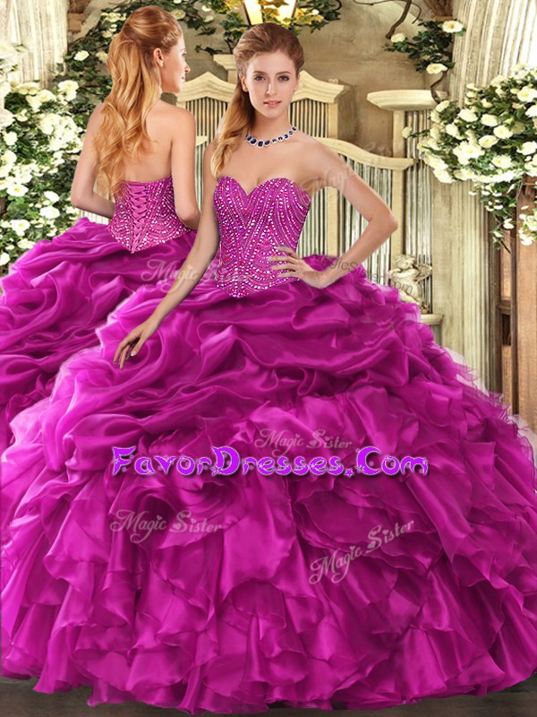  Fuchsia 15th Birthday Dress Military Ball and Sweet 16 and Quinceanera with Beading and Ruffles and Pick Ups Sweetheart Sleeveless Lace Up