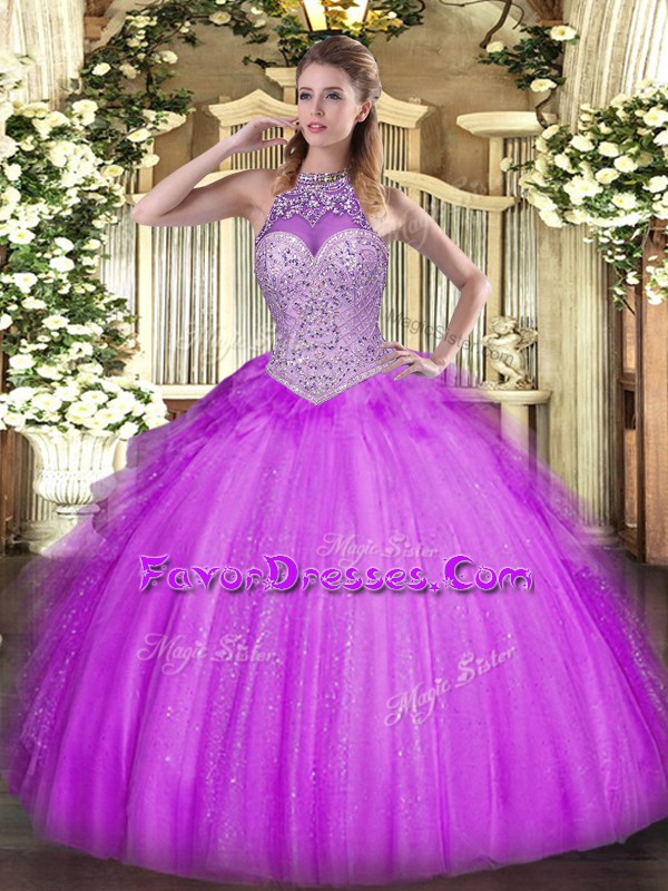  Lilac Ball Gowns Halter Top Sleeveless Tulle Floor Length Lace Up Beading and Ruffles 15 Quinceanera Dress
