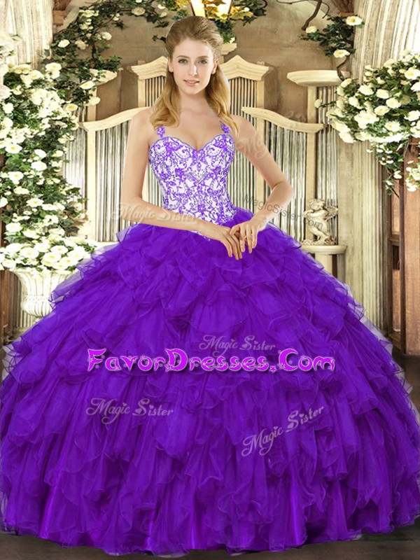  Purple Ball Gowns Beading and Ruffles Quinceanera Gown Lace Up Organza Sleeveless Floor Length
