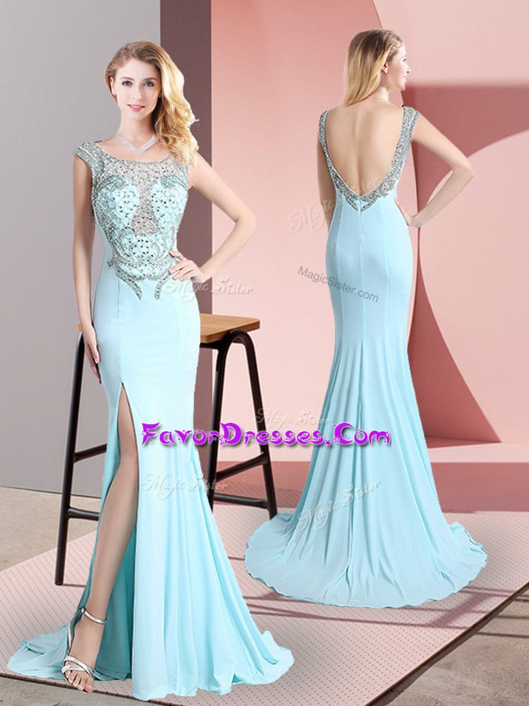 Noble Backless Prom Evening Gown Aqua Blue for Prom and Party with Beading Sweep Train