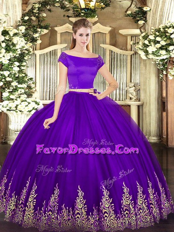 Cheap Purple Sweet 16 Dresses Military Ball and Sweet 16 and Quinceanera with Appliques Off The Shoulder Short Sleeves Zipper