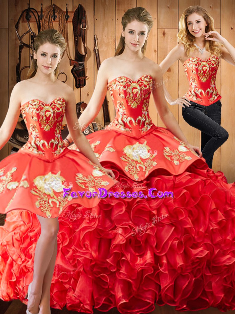 Beauteous Red Sweet 16 Quinceanera Dress Military Ball and Sweet 16 and Quinceanera with Embroidery and Ruffles Sweetheart Sleeveless Brush Train Lace Up