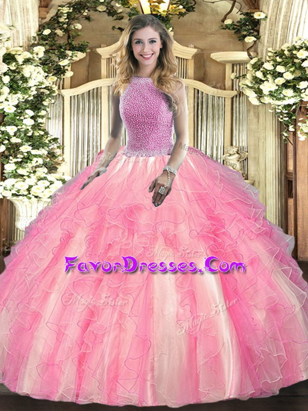 Hot Selling Rose Pink Quinceanera Gown Military Ball and Sweet 16 and Quinceanera with Beading and Ruffles High-neck Sleeveless Lace Up