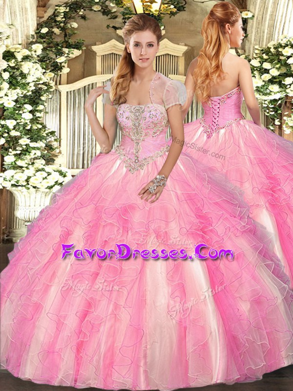  Ball Gowns Quince Ball Gowns Rose Pink Strapless Tulle Sleeveless Floor Length Lace Up