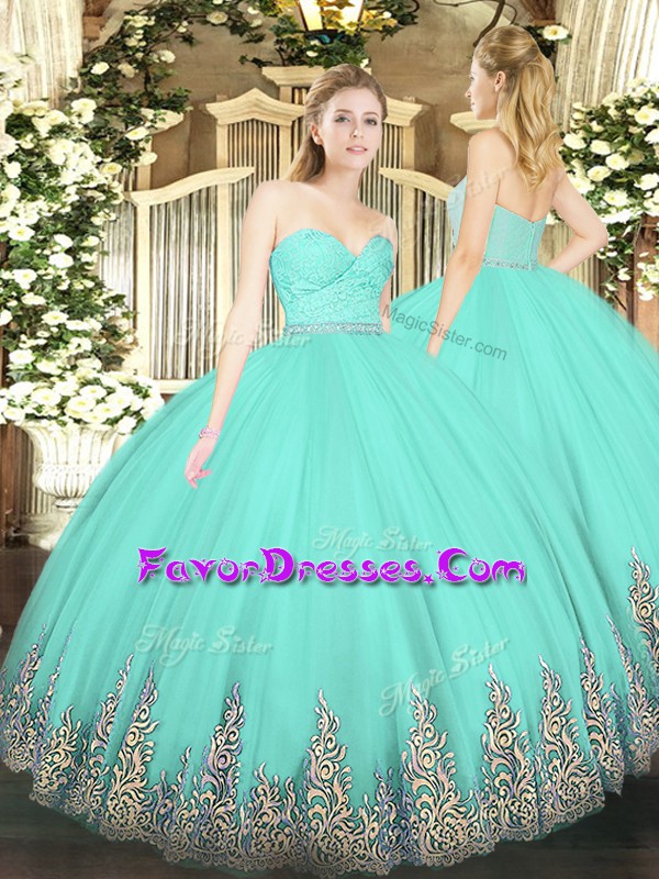 Dramatic Floor Length Apple Green Quinceanera Dresses Tulle Sleeveless Beading and Lace and Appliques