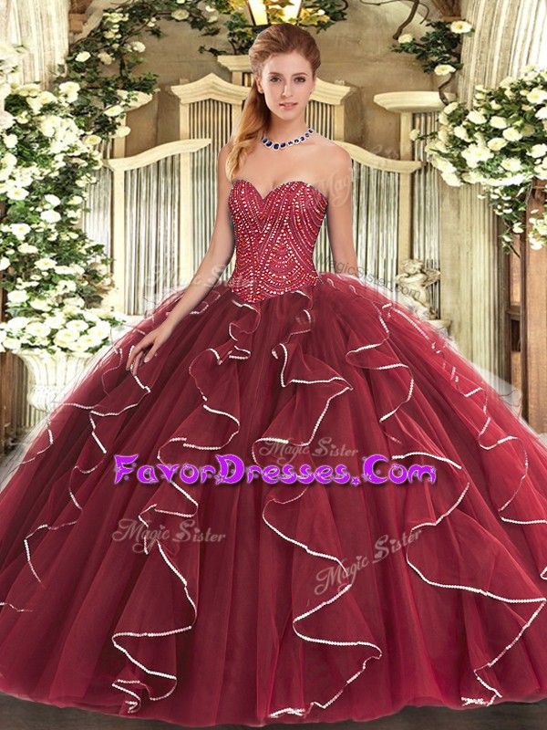 Admirable Burgundy Lace Up Quinceanera Dresses Beading and Ruffles Sleeveless Floor Length