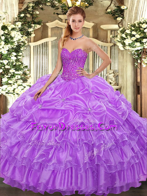 Pretty Lavender Ball Gowns Beading and Ruffled Layers and Pick Ups Sweet 16 Quinceanera Dress Lace Up Organza Sleeveless Floor Length
