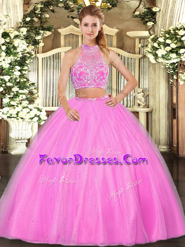 Elegant Hot Pink Quince Ball Gowns Military Ball and Sweet 16 and Quinceanera with Beading Halter Top Sleeveless Criss Cross