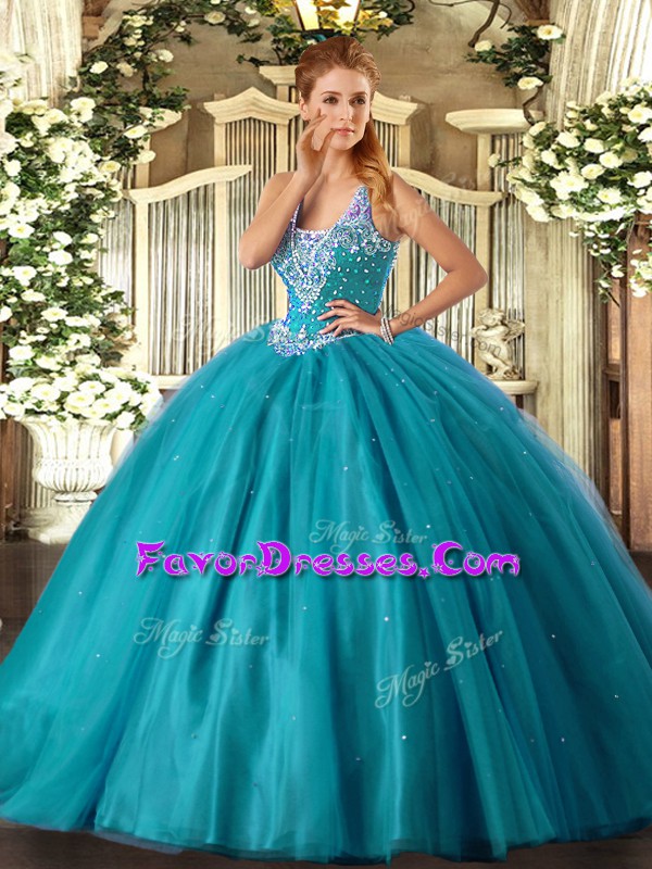 Decent Straps Sleeveless Lace Up Quinceanera Gowns Teal Tulle