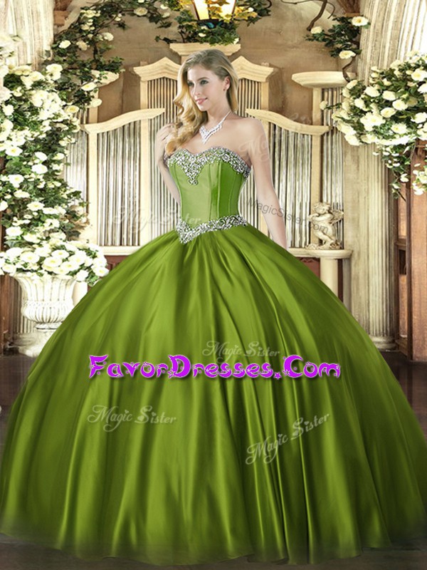 Romantic Olive Green Ball Gowns Sweetheart Sleeveless Satin Floor Length Lace Up Beading Sweet 16 Dress