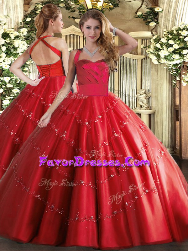  Tulle Halter Top Sleeveless Lace Up Appliques Quinceanera Dresses in Red