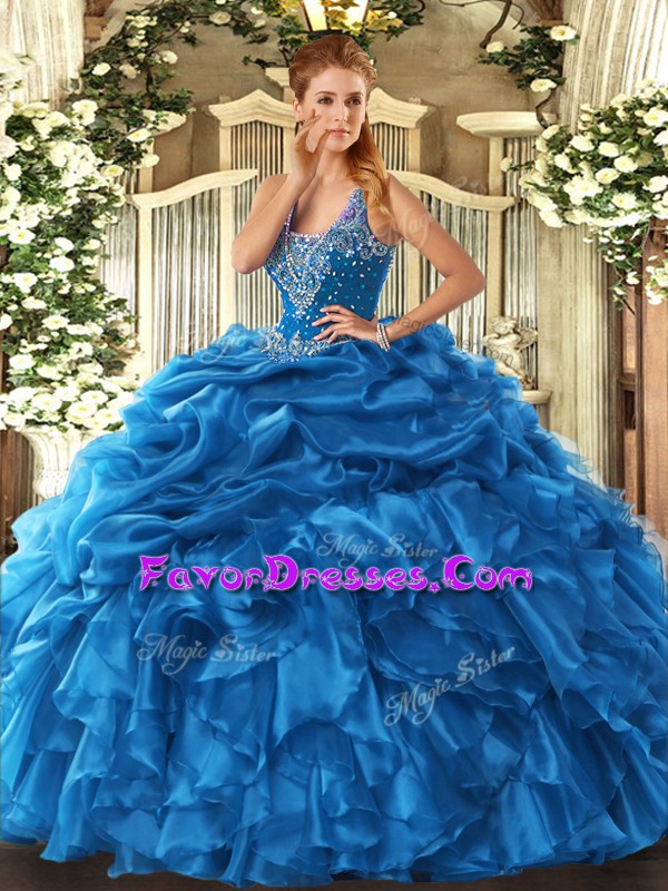  Blue Organza Lace Up 15 Quinceanera Dress Sleeveless Floor Length Beading and Ruffles and Pick Ups