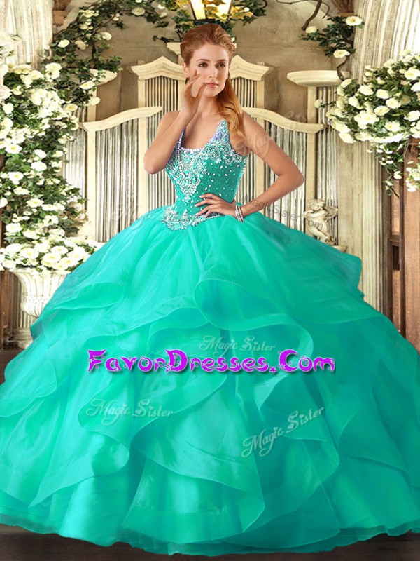  Tulle Straps Sleeveless Lace Up Beading and Ruffles 15th Birthday Dress in Turquoise