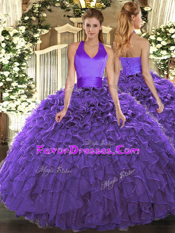 Cute Purple Halter Top Lace Up Ruffles 15th Birthday Dress Sleeveless