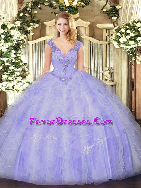  Ball Gowns Quinceanera Dress Lavender V-neck Organza Sleeveless Floor Length Lace Up
